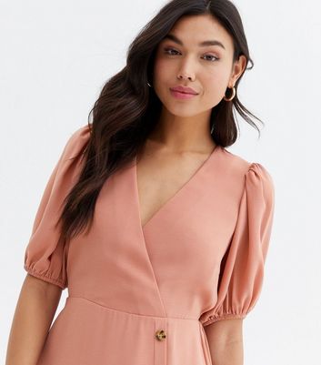 Pale Pink Herringbone Button Side Mini Wrap Dress | New Look